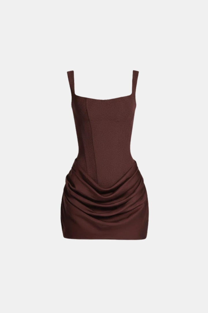 Mini dress with boned bodice, square neckline, draped skirt and lace-up back.