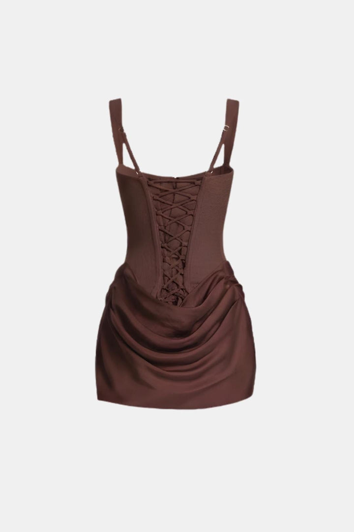 Mini dress with boned bodice, square neckline, draped skirt and lace-up back.