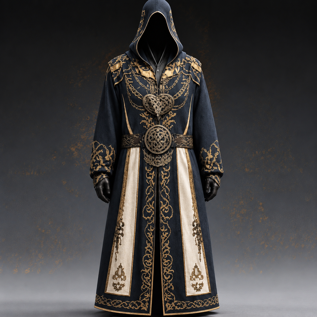 Black medieval men's hooded costume with Celtic details for Halloween