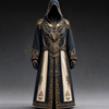 Black medieval men's hooded costume with Celtic details for Halloween