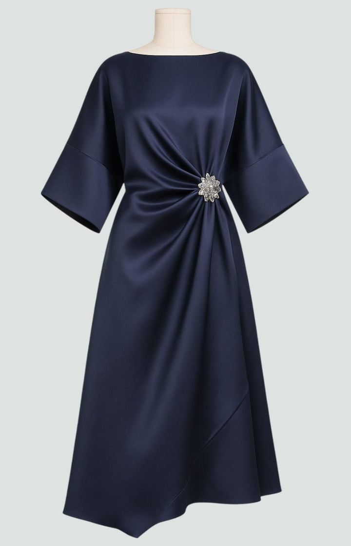 Women's Maxi Dress with Draped Brooch – Gala Dress with Cape Sleeves for Formal Occasions