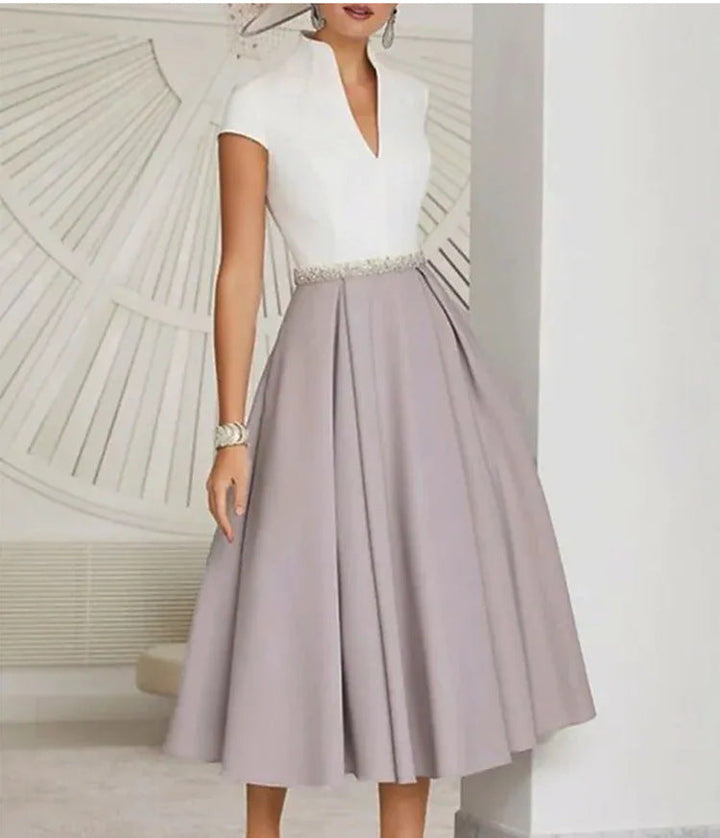 White Colorblock V-Neck Flared Summer Dress