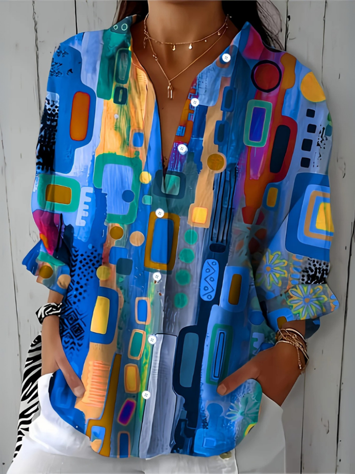 Women's Blouse with Artistically Patterned Button Fastening and Relaxed Fit
