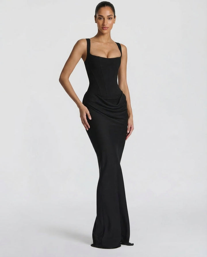 Corset Maxi Dress with Draped Skirt and Lace-Up Back