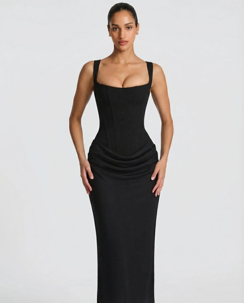 Corset Maxi Dress with Draped Skirt and Lace-Up Back