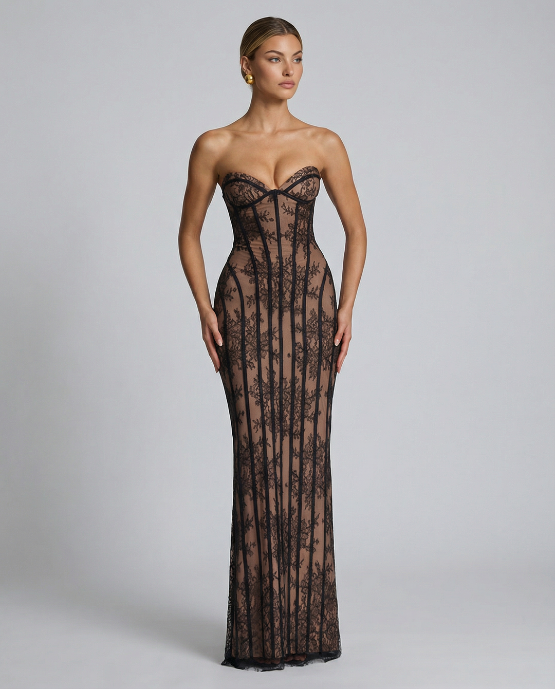 Strapless Floral Lace Maxi Dress with Corset