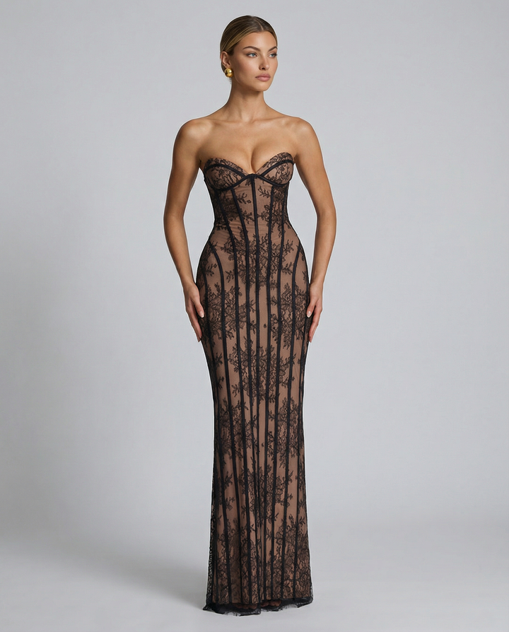 Strapless Floral Lace Maxi Dress with Corset