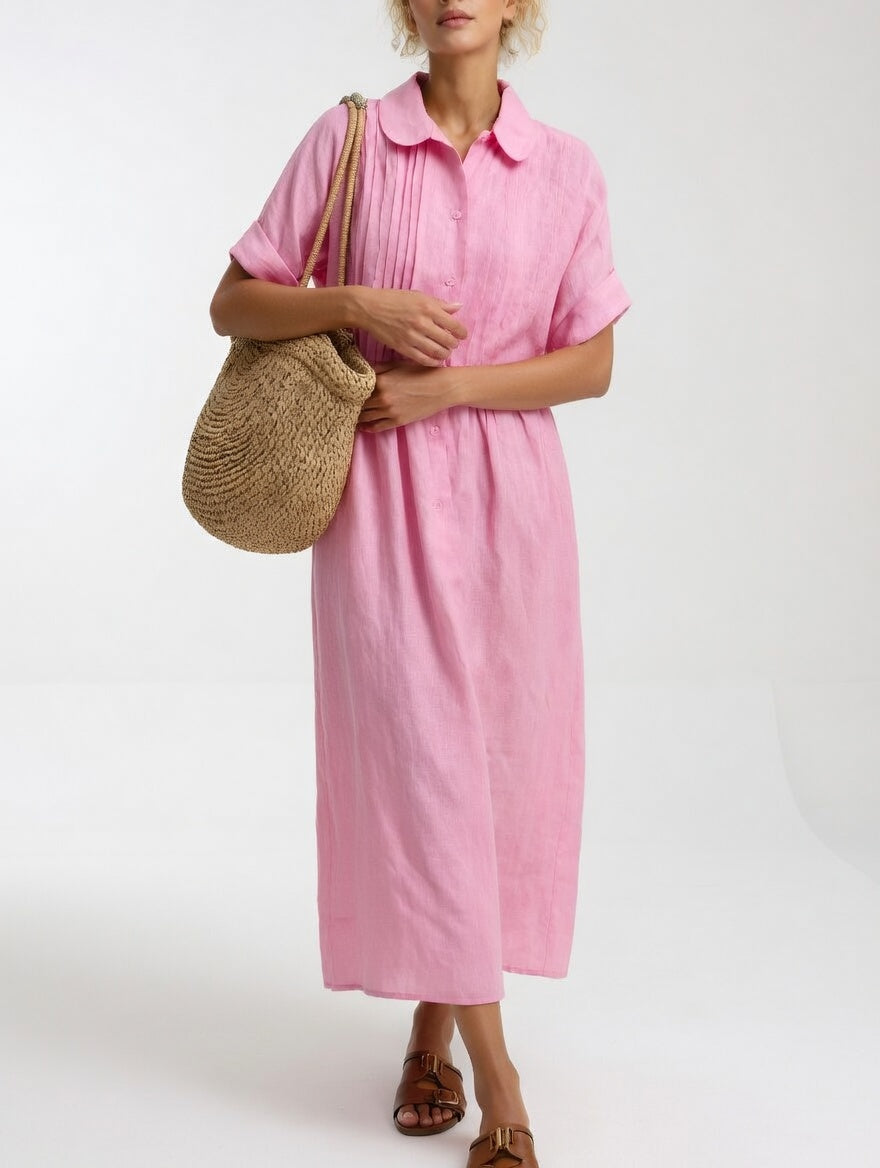 Casual Cotton Maxi Shirt Dress with Button Placket and Short Sleeves