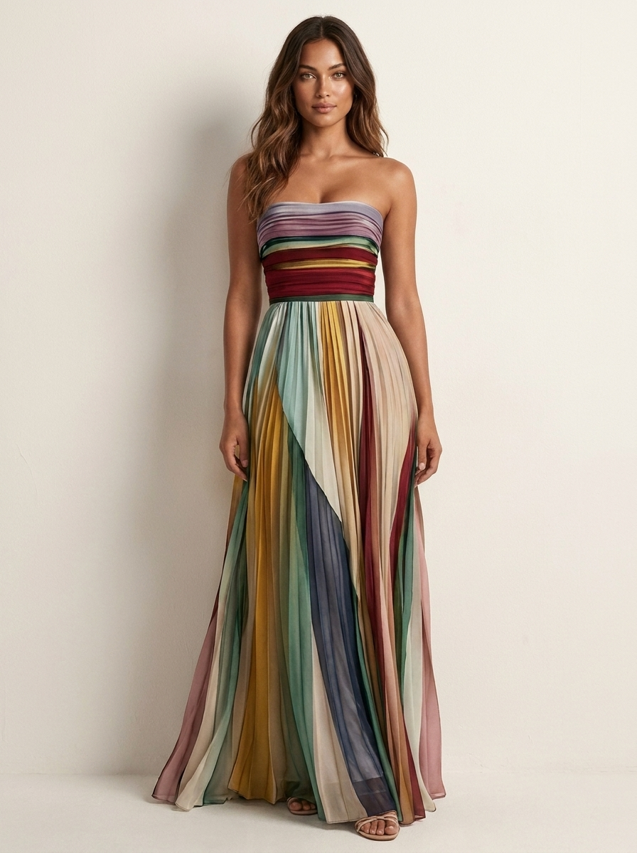 Colourful Pleated Maxi Dress for Women