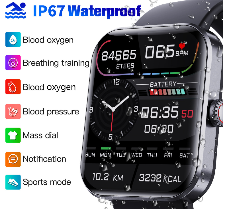 Waterproof Smartwatch with Blood Pressure, Blood Oxygen Saturation and Sleep Monitor