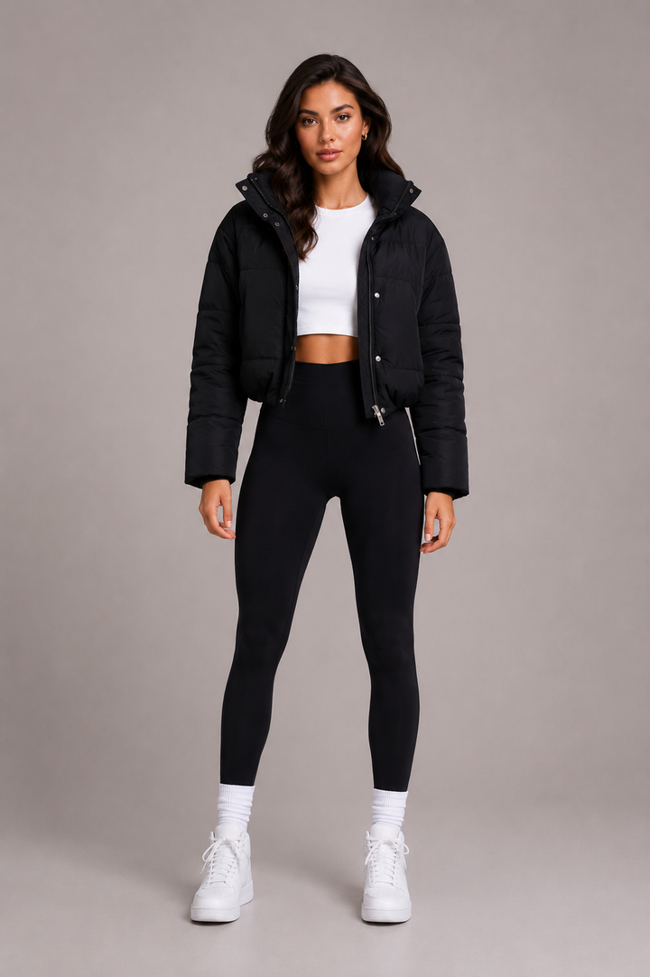 Women's Short Quilted Puffer Jacket with Fitted Hood