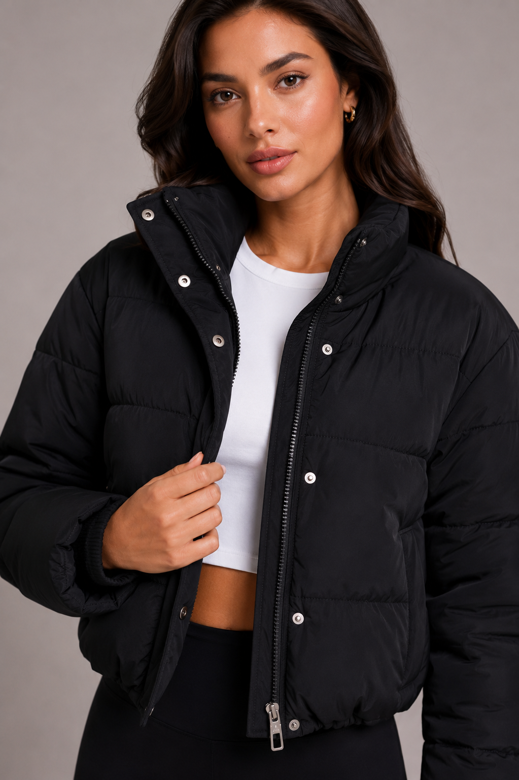 Women's Short Quilted Puffer Jacket with Fitted Hood