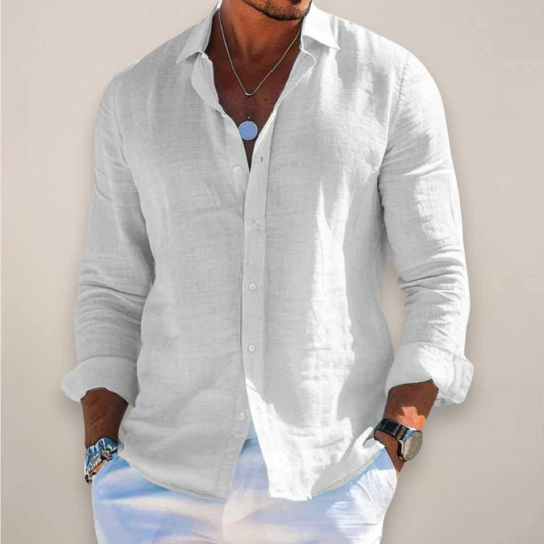 Relaxed linen men's shirt with button fastening and long sleeves