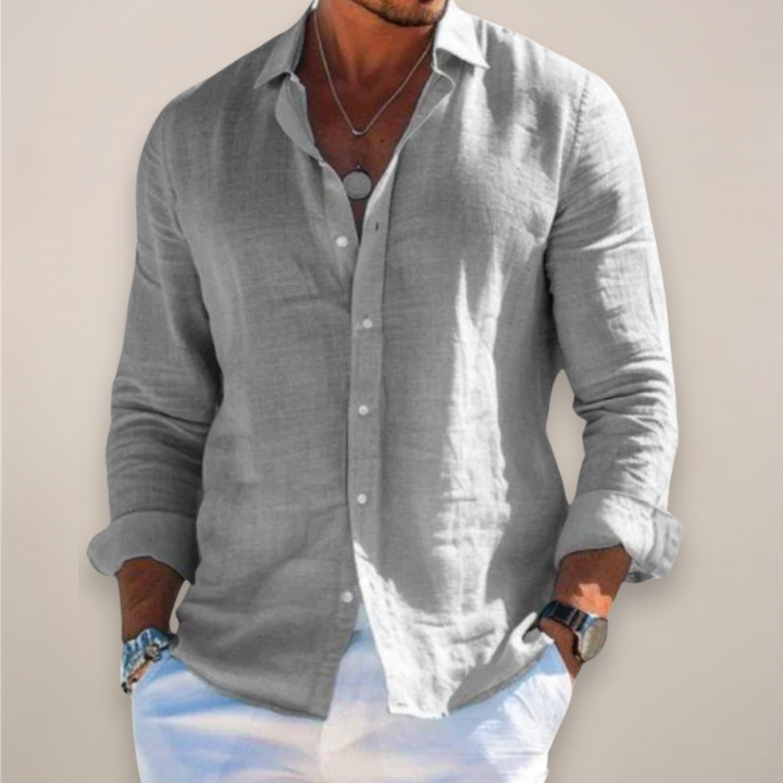 Relaxed linen men's shirt with button fastening and long sleeves
