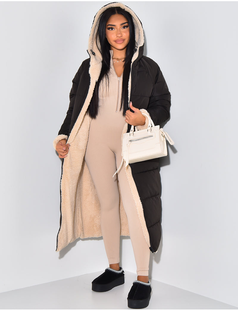 Women's Reversible Long Puffer Coat with Hood, Ankle-Length