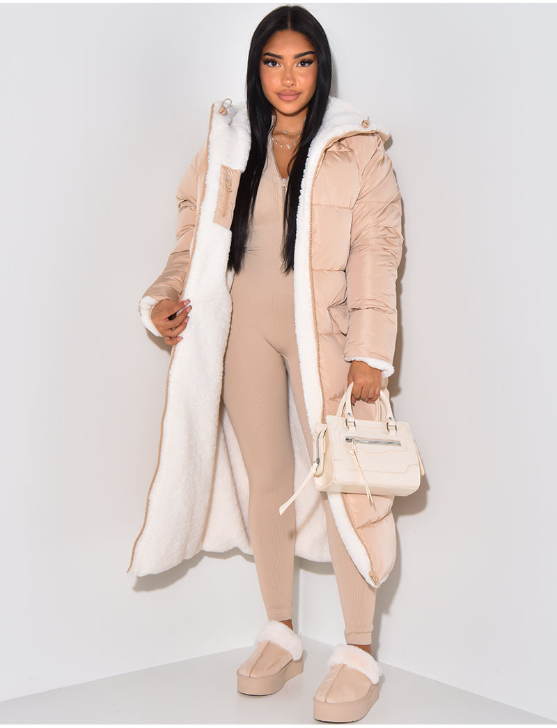 Women's Reversible Long Puffer Coat with Hood, Ankle-Length