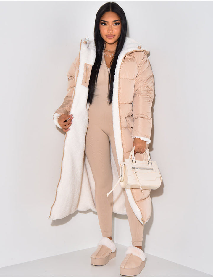 Women's Reversible Long Puffer Coat with Hood, Ankle-Length