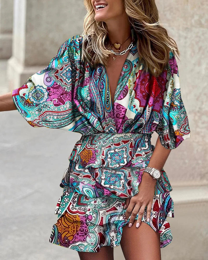 Floral Print Ruffle Tiered Wrap Dress