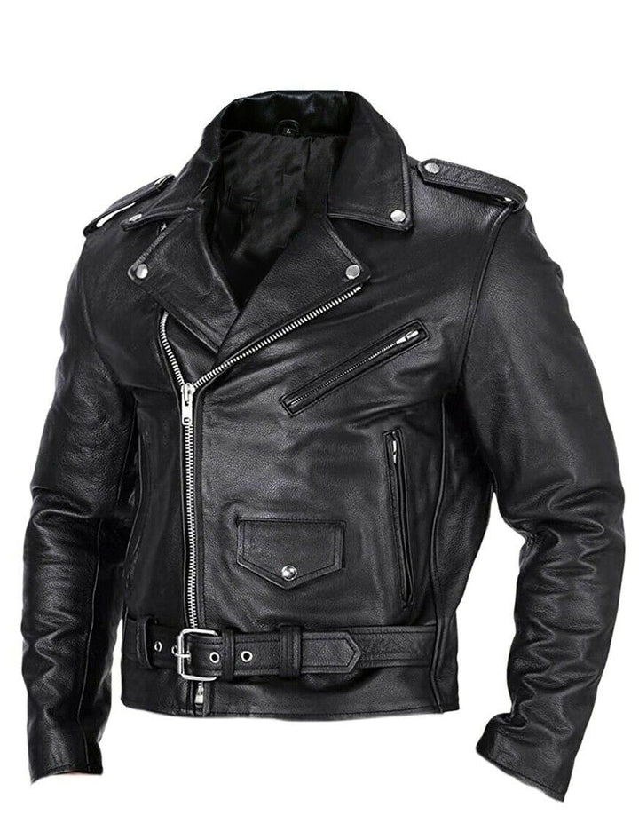 Slim Fit Leather Men's Biker Jacket with Stand-Up Collar - Ryder