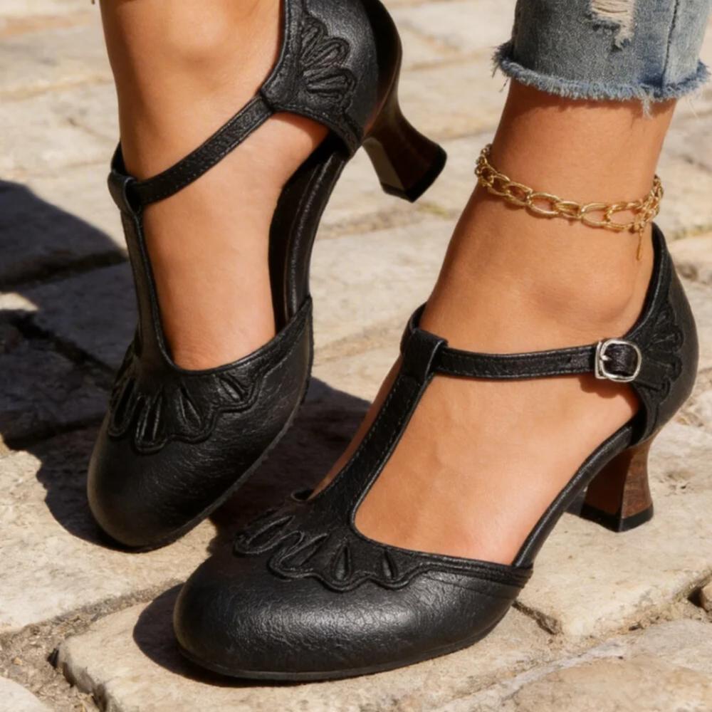 Vintage T-strap court shoes for women – mid block heel, elegant-casual shoes