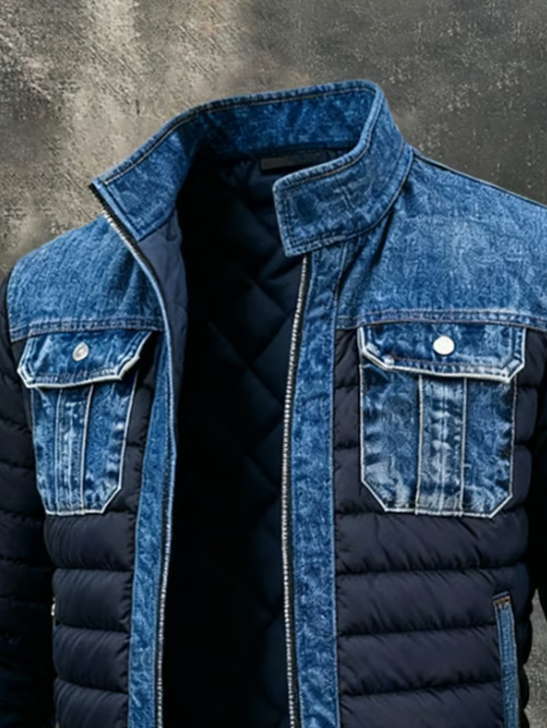 Men's Denim Jacket with Stand Collar and Front Zip, Blue