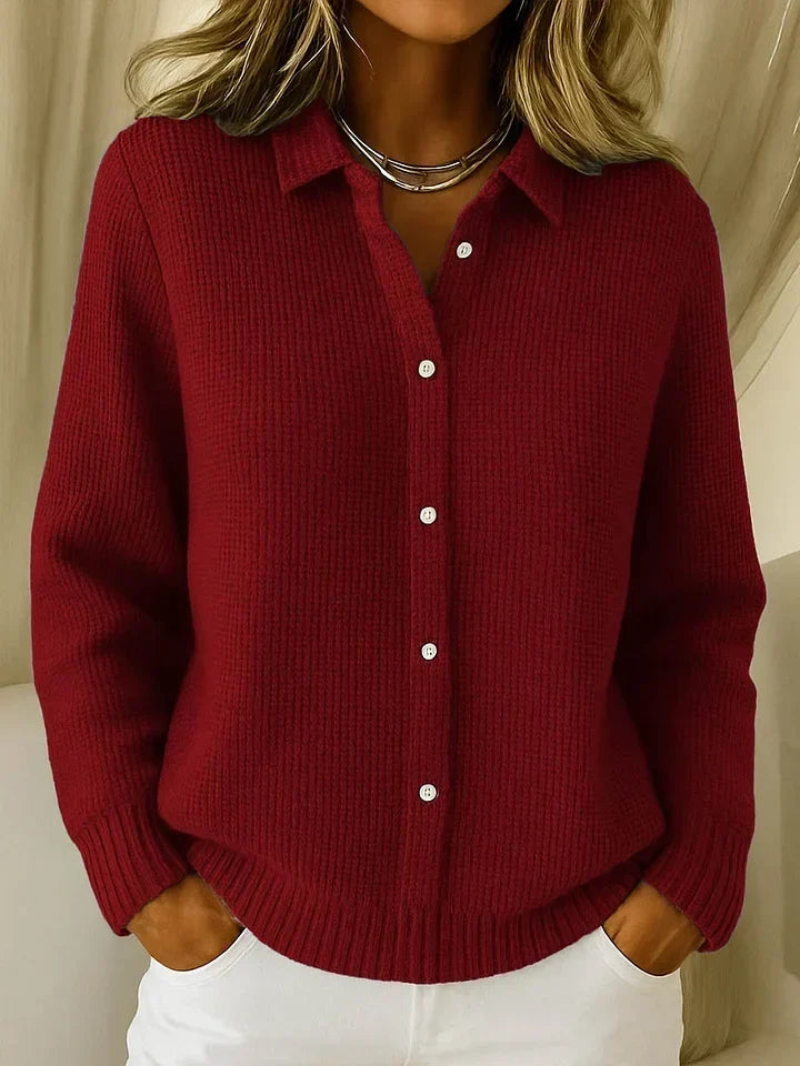 Women's Textured Knit Jumper with Collar and Button Placket