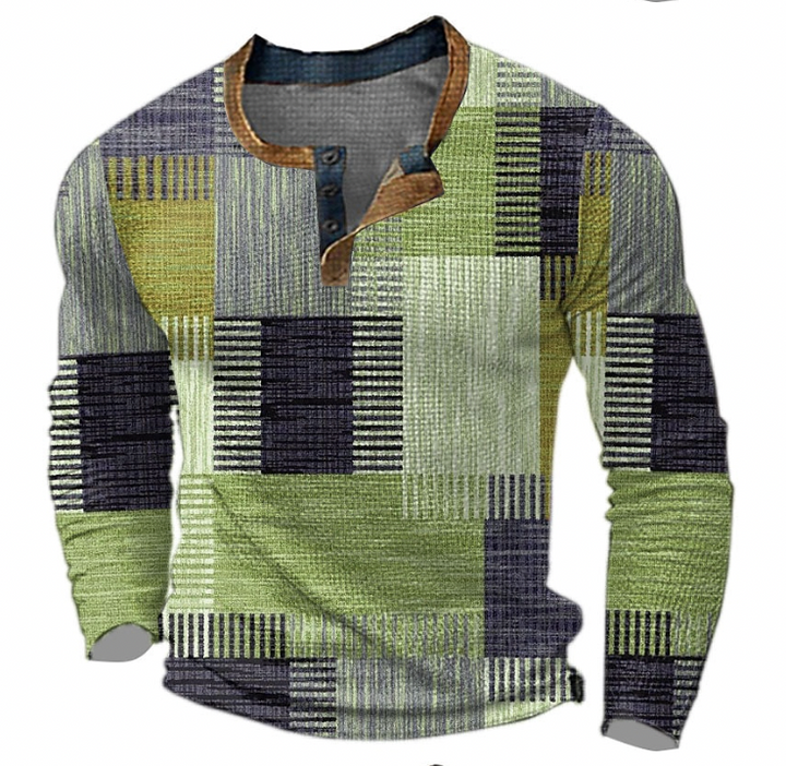 Men's Henley Sweatshirt with Button Placket and Geometric Pattern