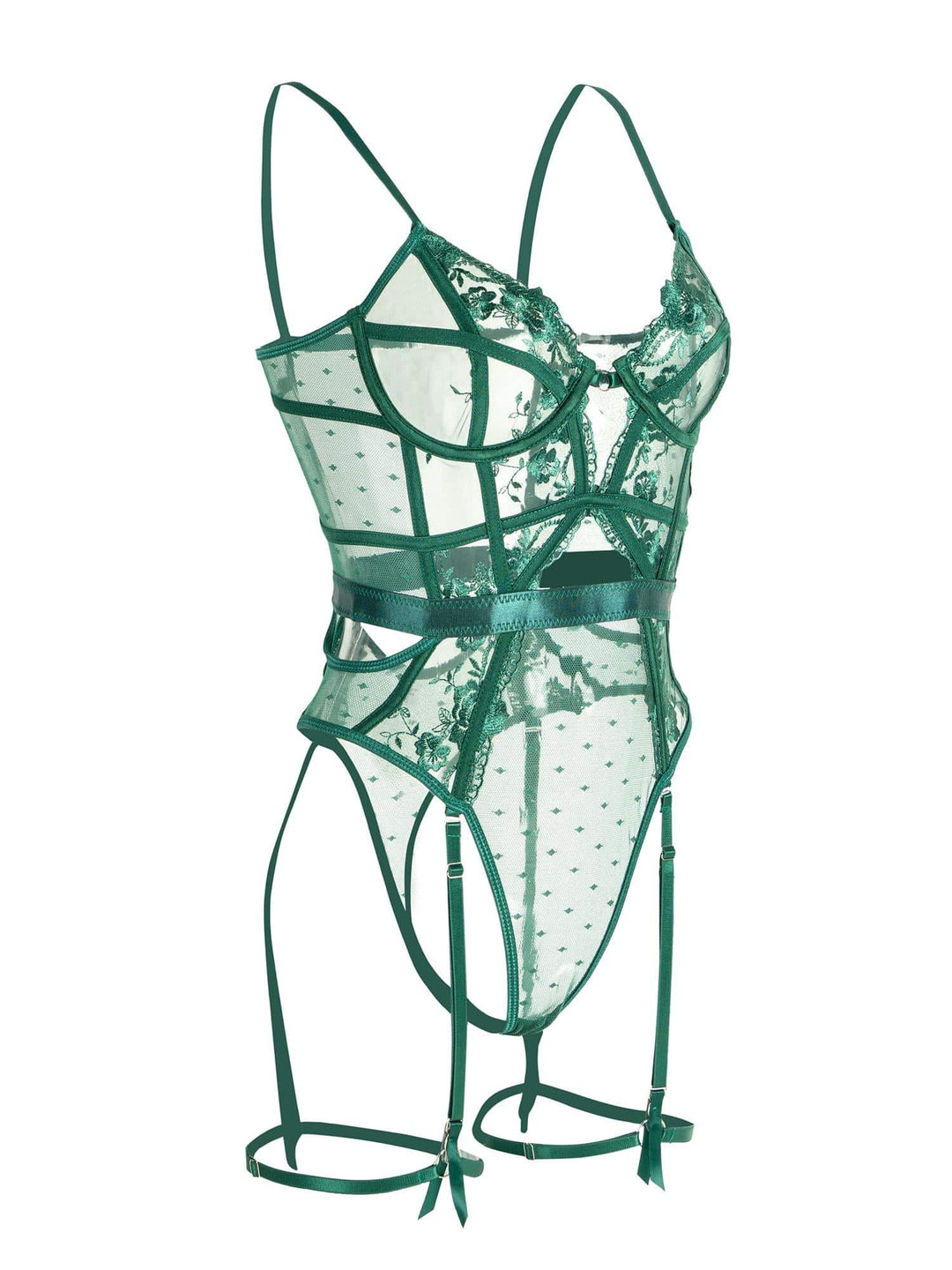Sheer Lace Bodysuit with Suspenders - Alissa
