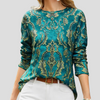 Women’s Green Round-Neck Printed Long-Sleeve Blouse