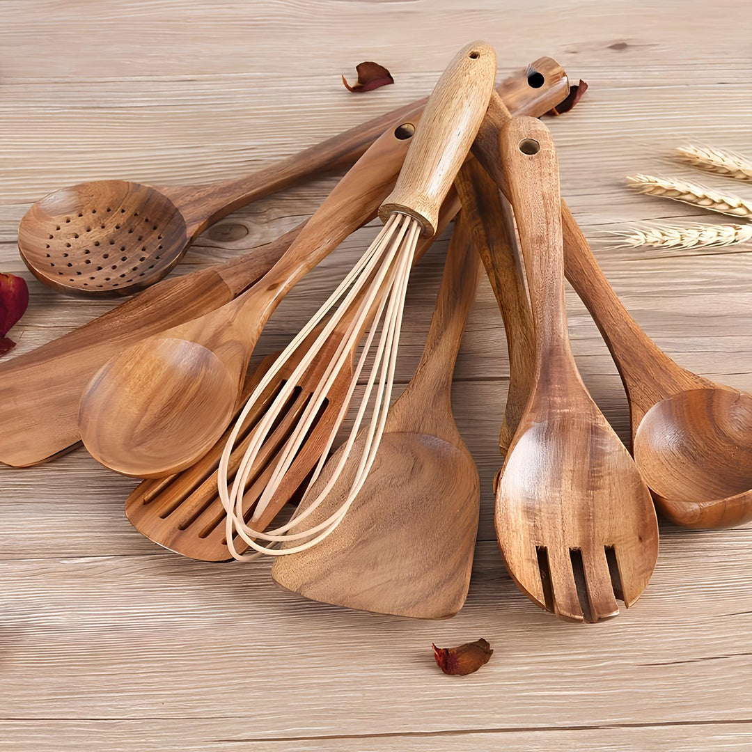 11-Piece Teak Kitchen Utensil Set | With Stand | Natural Wood