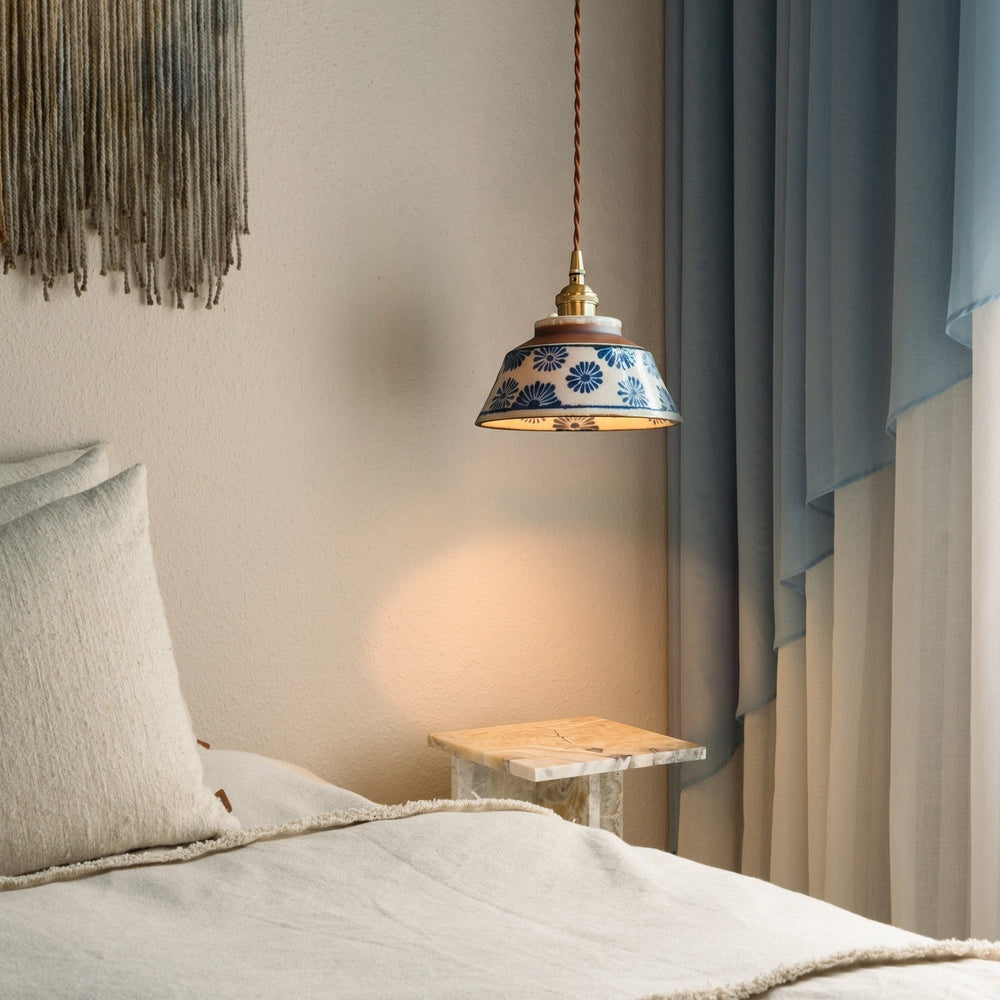 Vintage hand-painted ceramic pendant light with fabric cable