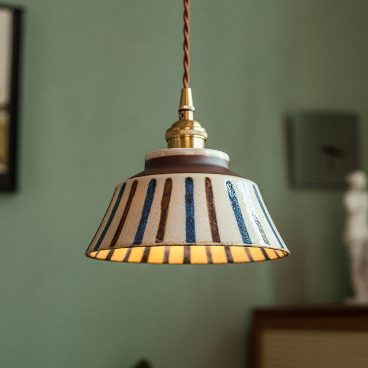 Vintage hand-painted ceramic pendant light with fabric cable