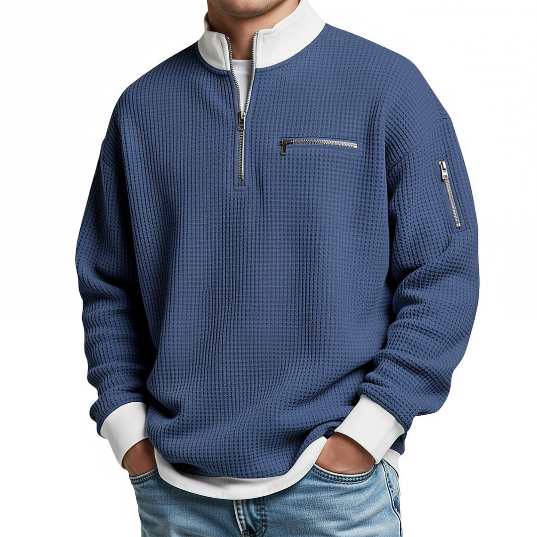 Men's waffle-knit jumper with 1/4 zip at the collar