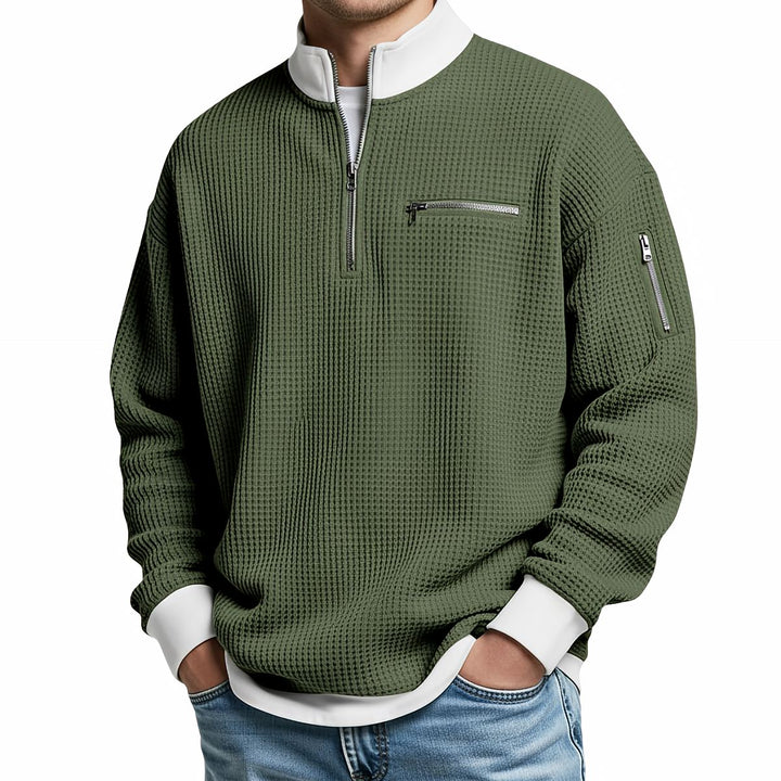Men's waffle-knit jumper with 1/4 zip at the collar