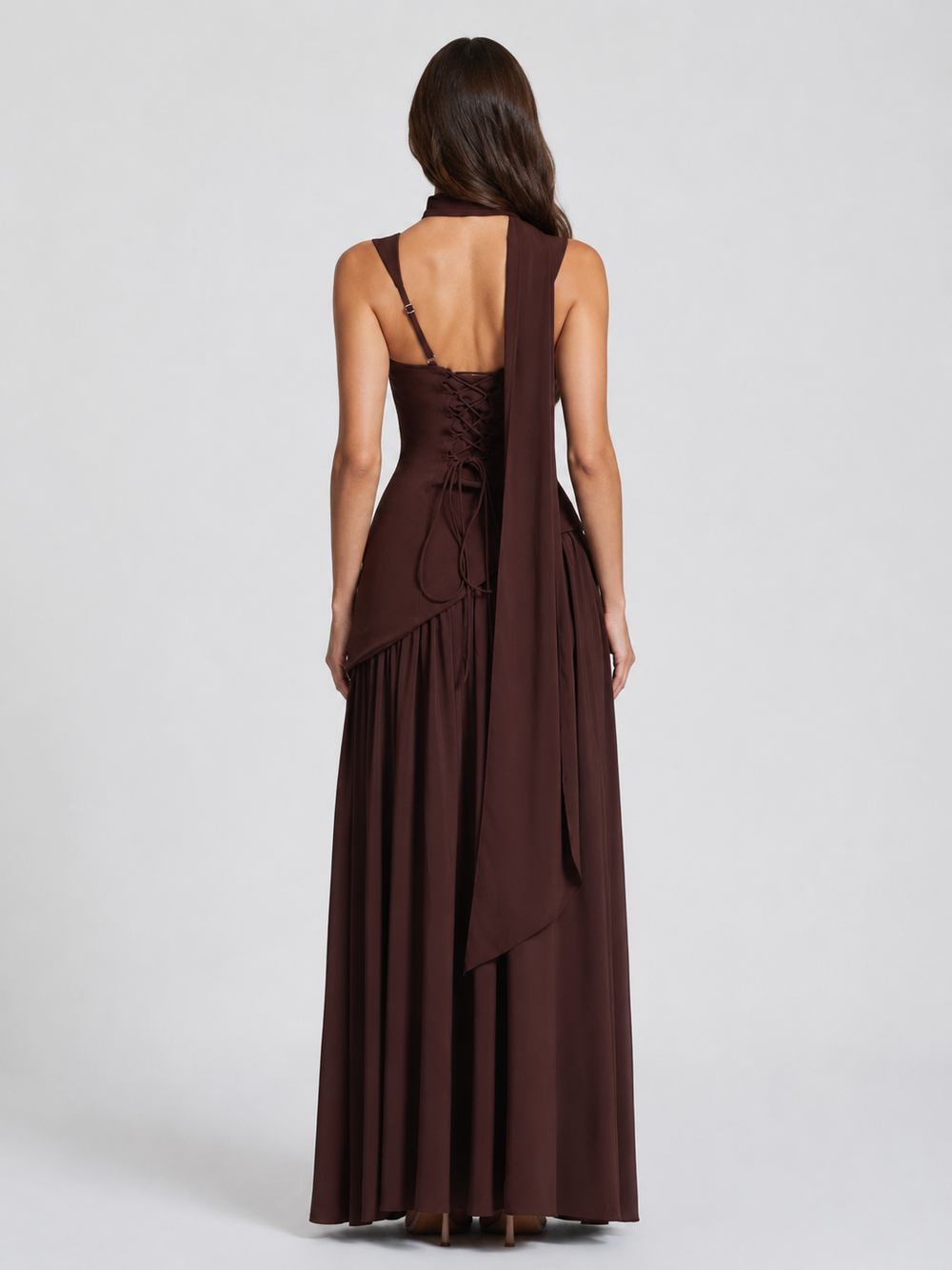 Sculpturally Draped Satin-Look Maxi Dress