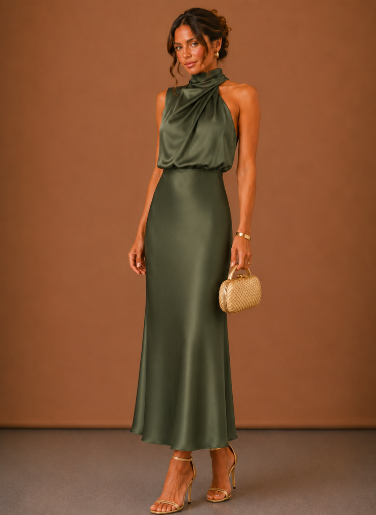 Women's satin halter-neck maxi dress – elegant wedding guest dress