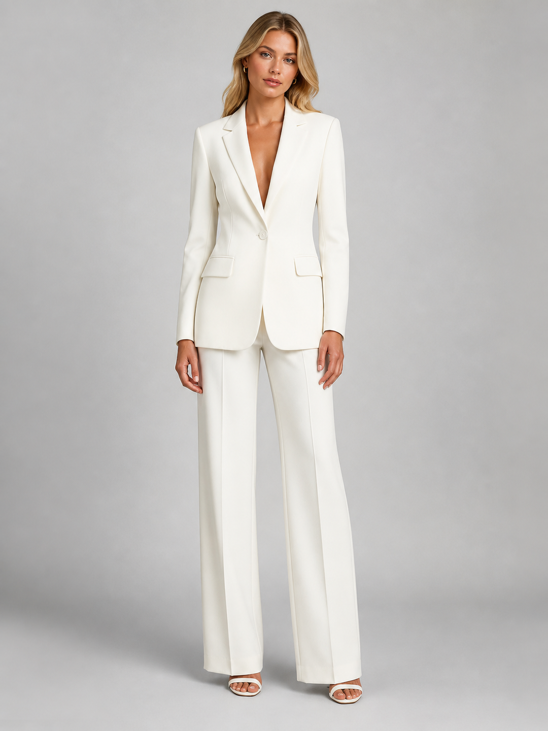 Two-piece women's set: women's blazer with tailored cut and wide-leg trousers