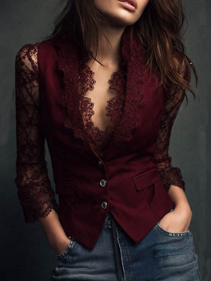 Women's Lace-Trim Blazer Blouse – Elegant Evening Top