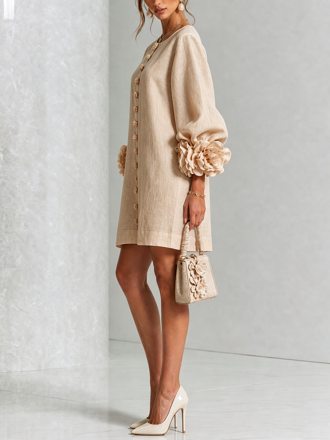 Women's Linen Tunic Mini Dress with Long Puff Sleeves