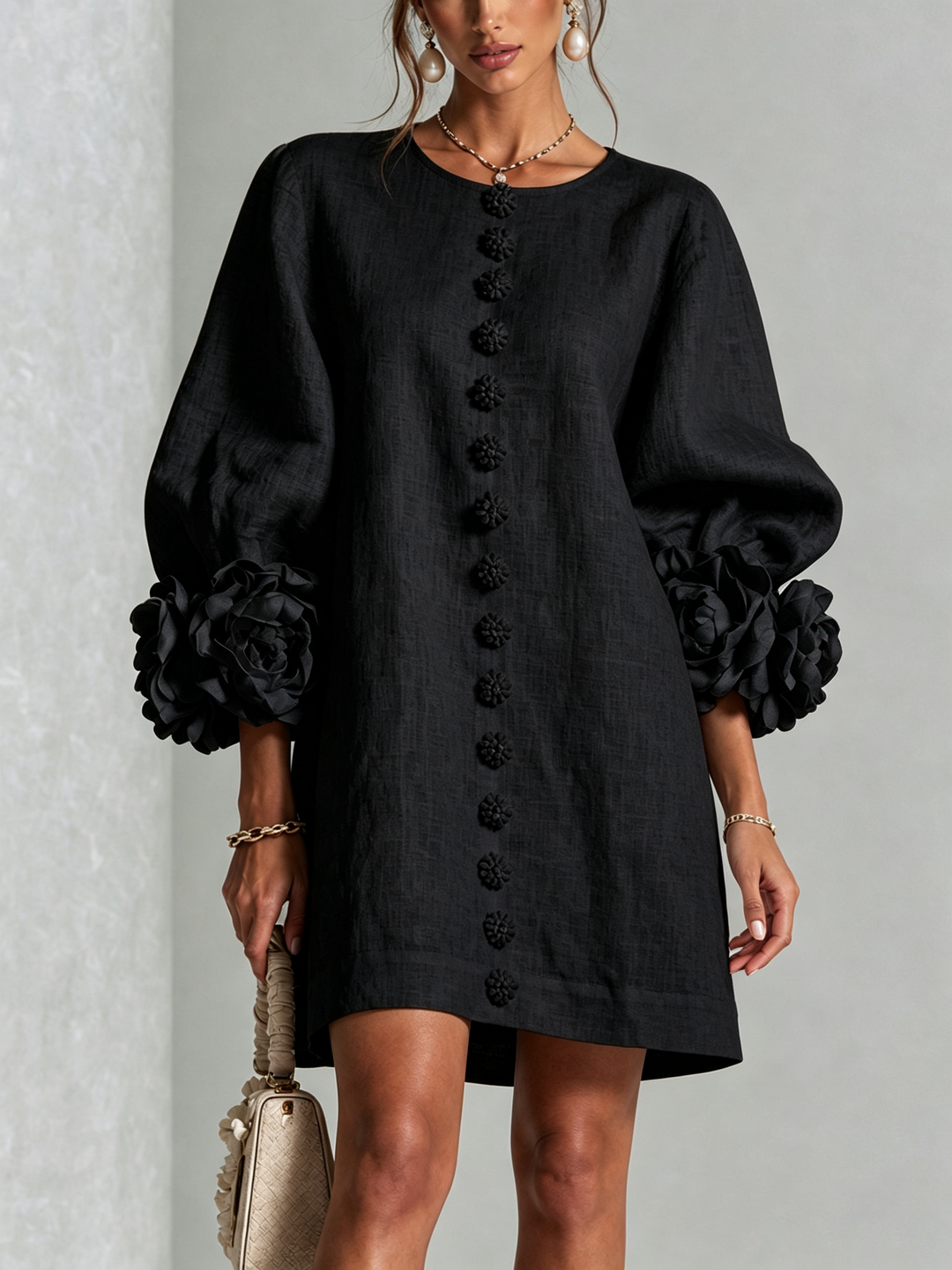 Linen-Blend Shirt Dress with Rosette Trim on the Sleeves.