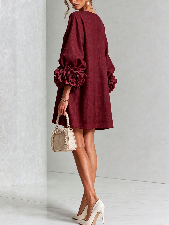 Elegant A-Line Dress with Voluminous Sleeves and Floral Buttons