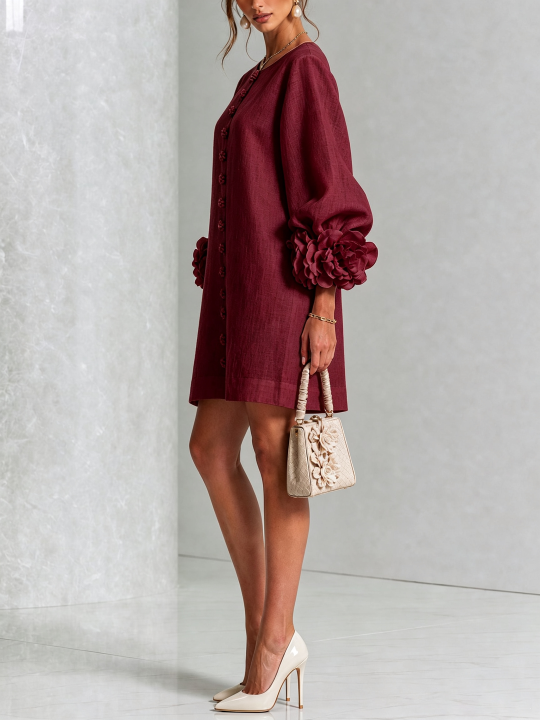 Elegant A-Line Dress with Voluminous Sleeves and Floral Buttons