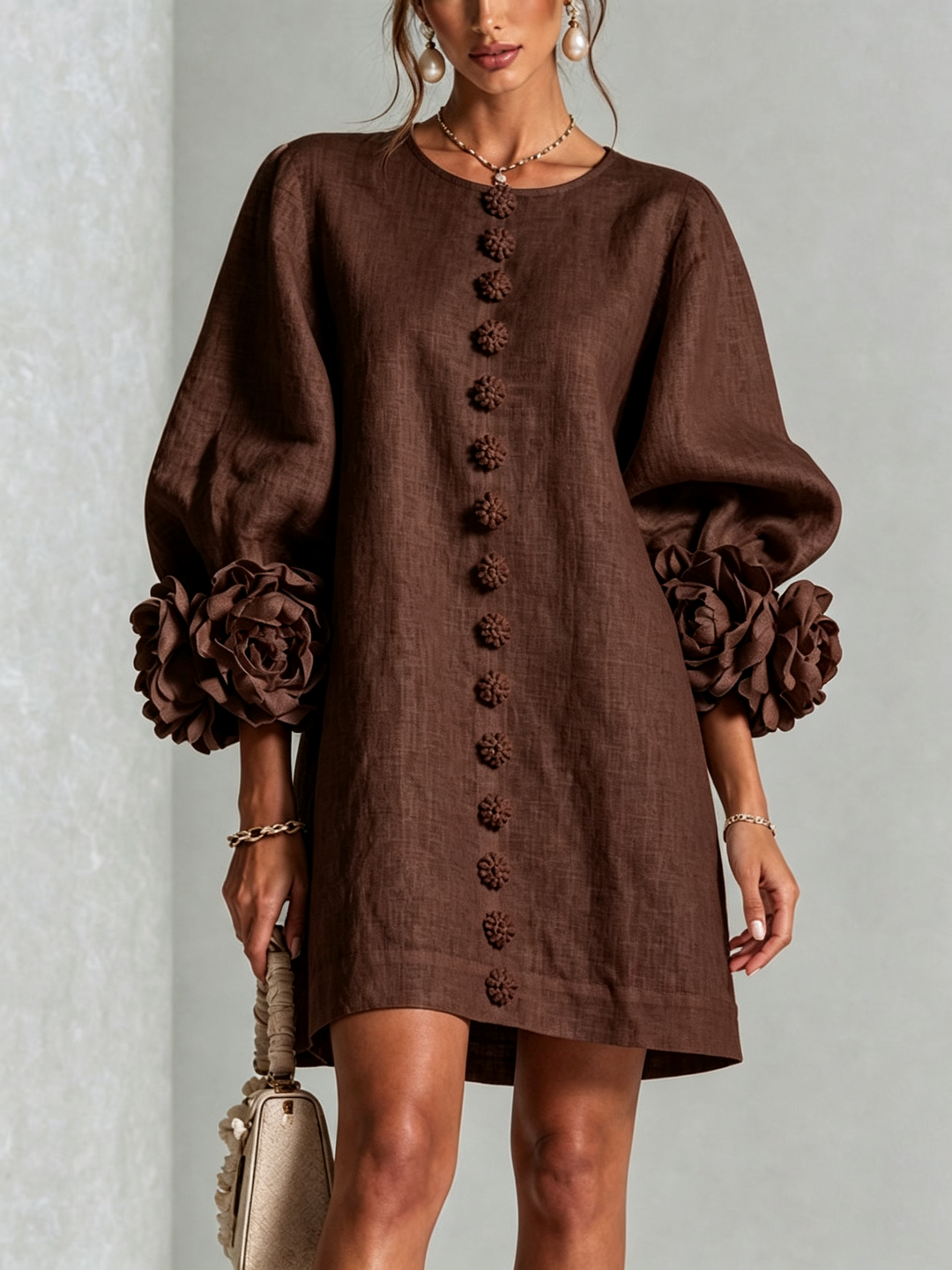 Linen-Blend Shirt Dress with Rosette Trim on the Sleeves.