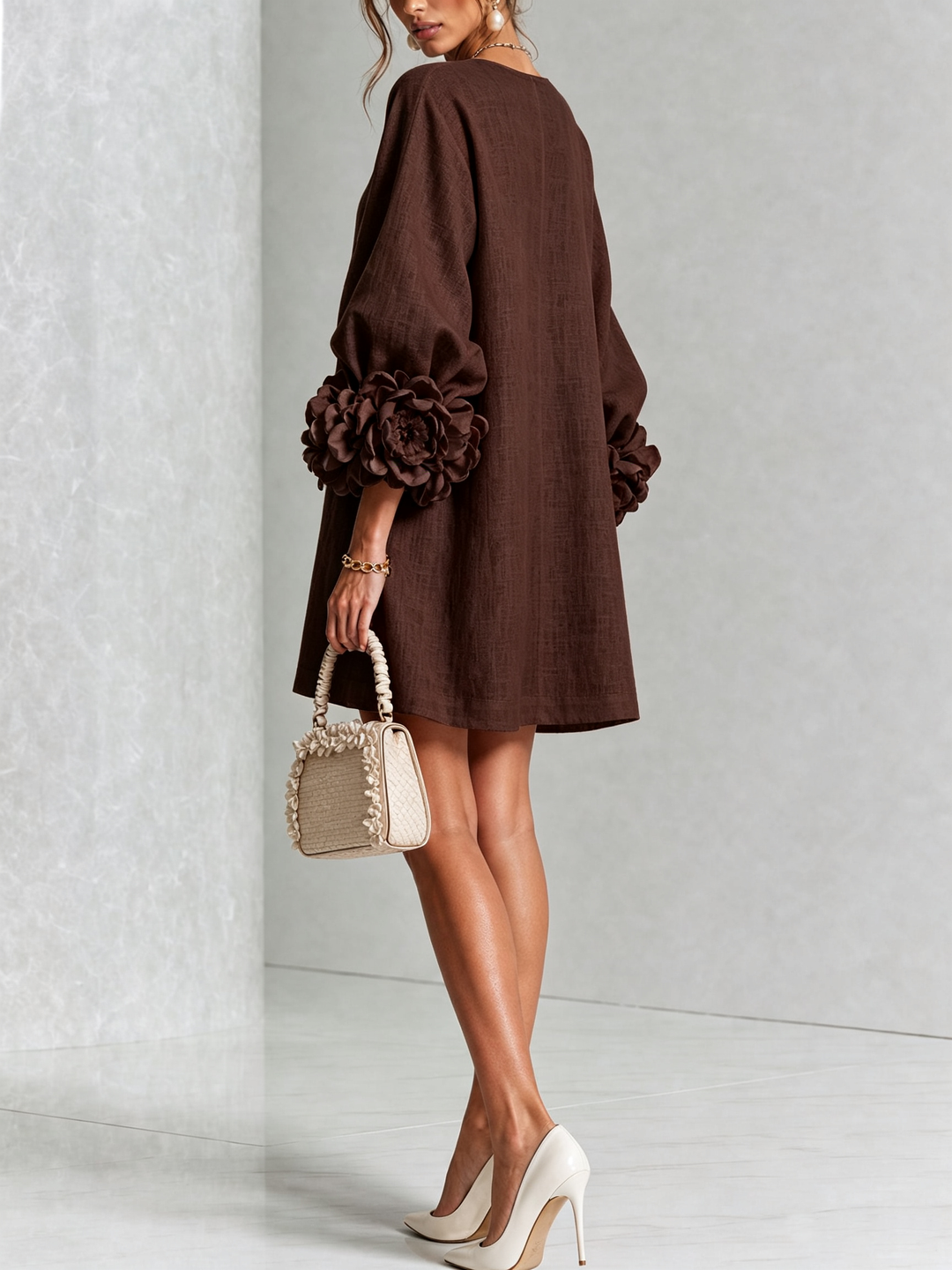 Elegant A-Line Dress with Voluminous Sleeves and Floral Buttons