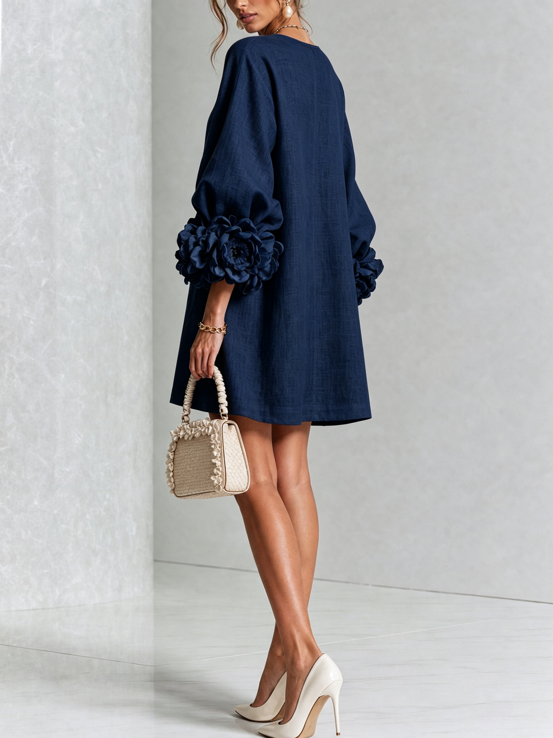 Women's Linen Tunic Mini Dress with Long Puff Sleeves