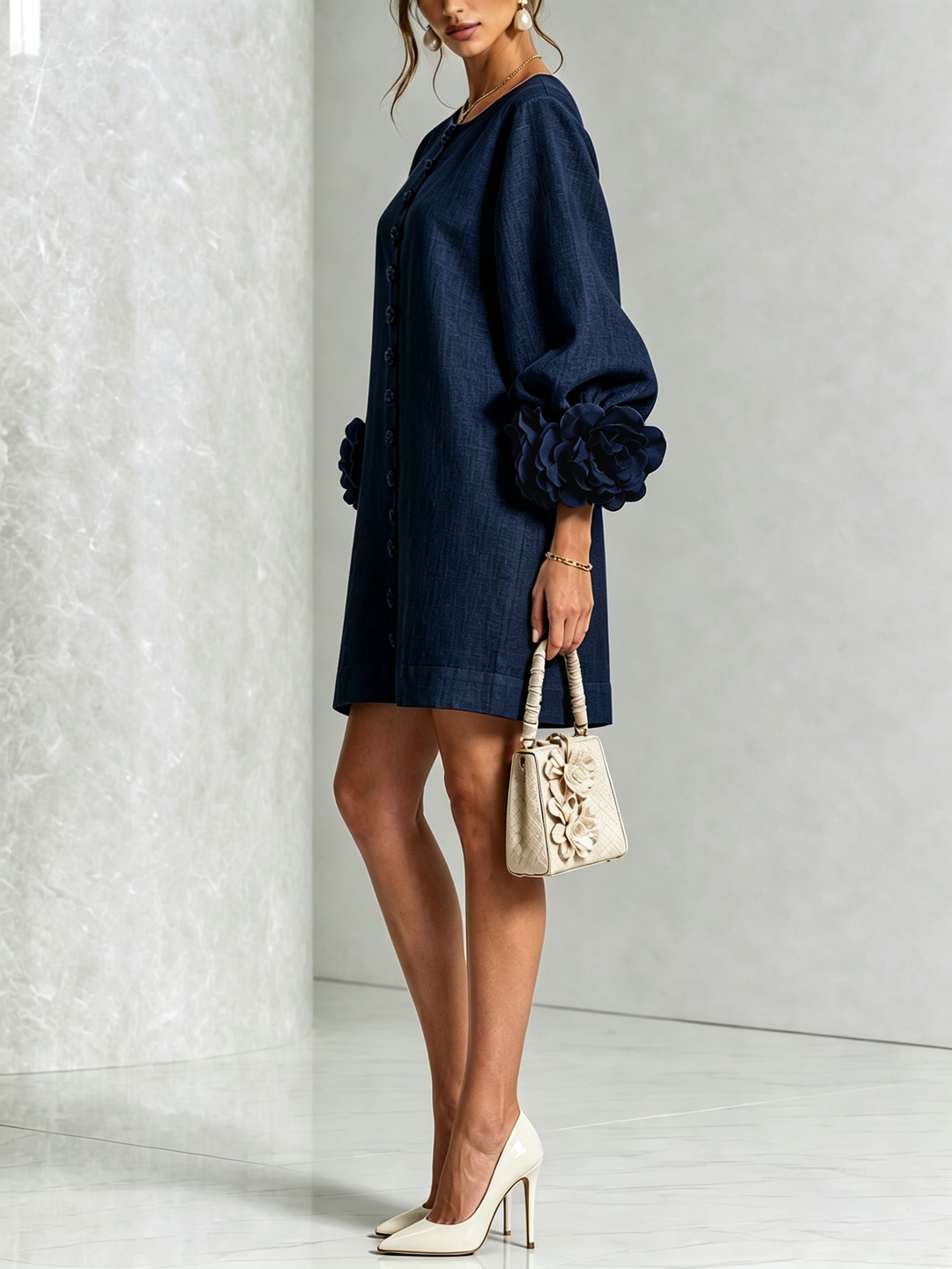 Linen-Blend Shirt Dress with Rosette Trim on the Sleeves.