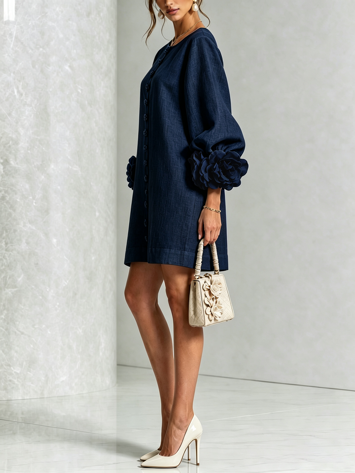 Elegant A-Line Dress with Voluminous Sleeves and Floral Buttons