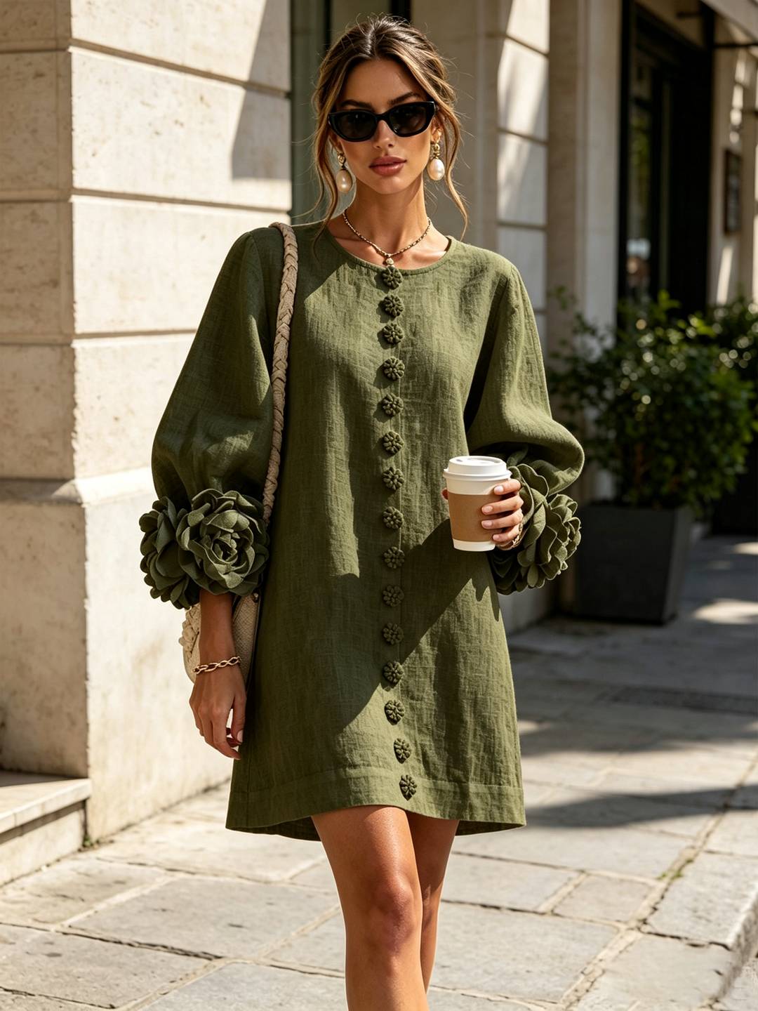 Elegant A-Line Dress with Voluminous Sleeves and Floral Buttons