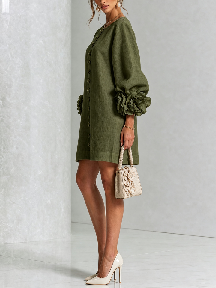 Elegant A-Line Dress with Voluminous Sleeves and Floral Buttons