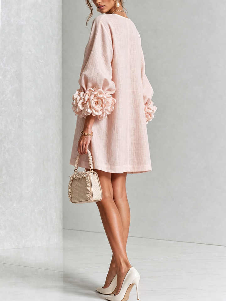 Linen-Blend Shirt Dress with Rosette Trim on the Sleeves.